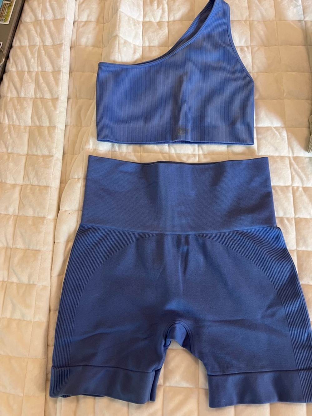SET Active One-Shoulder Ribbed Sports Bra & High-Waist Bike Shorts in Blue